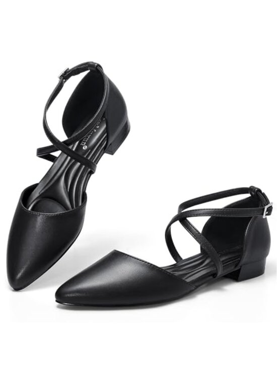 Shoes - Women's Pointed Toe Flats with Adjustable Ankle Strap, Low Heel, Leather, Work